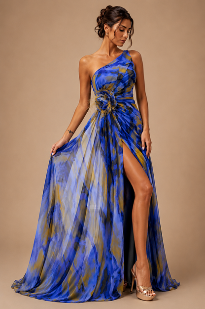 Women's One Shoulder Abstract Print Maxi Dress