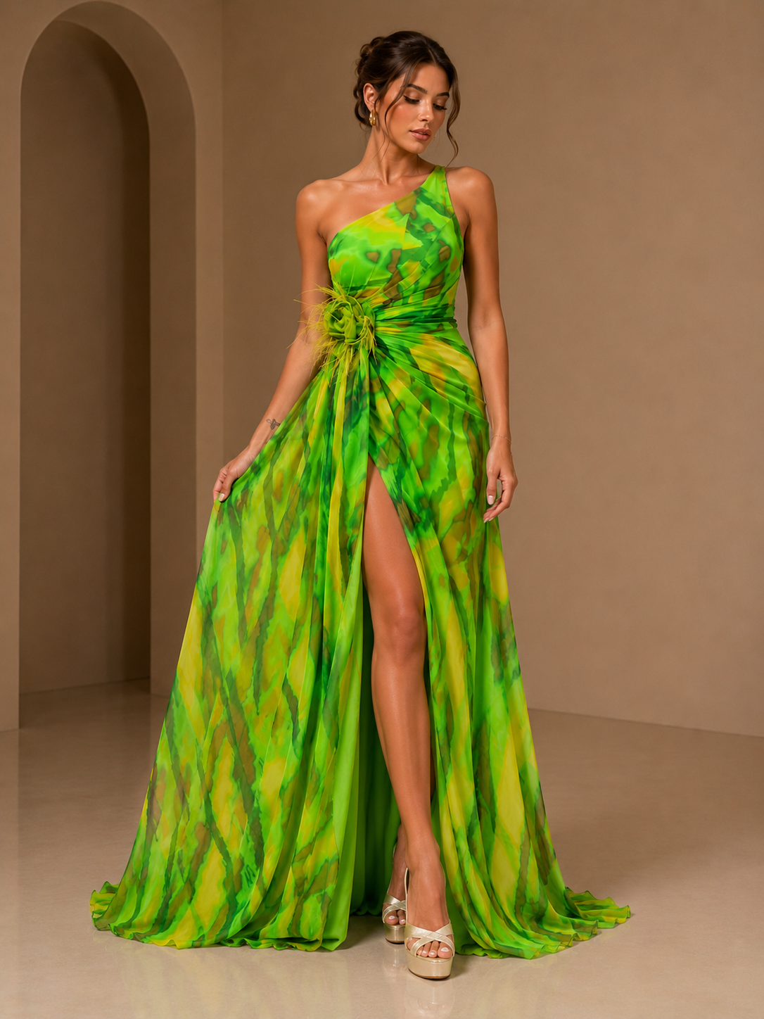 Women's One Shoulder Abstract Print Maxi Dress