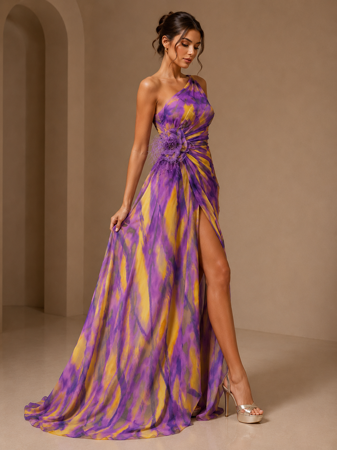 Women's One Shoulder Abstract Print Maxi Dress
