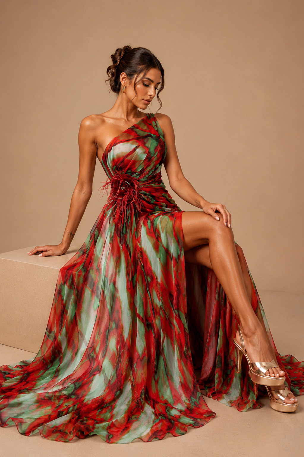 Women's One Shoulder Abstract Print Maxi Dress