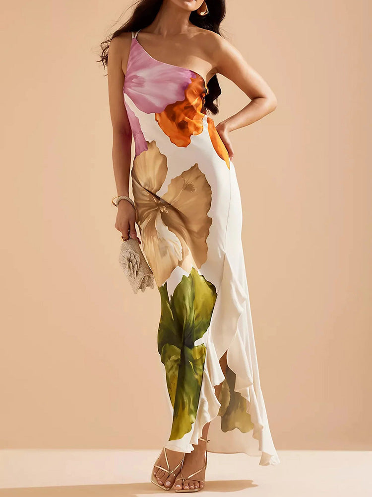 Women's One Shoulder Floral Asymmetric Maxi Dress