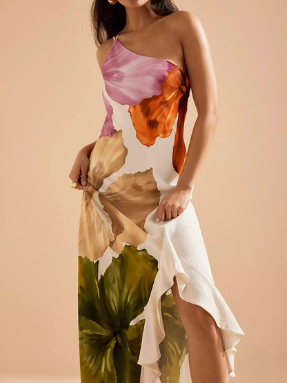 Women's One Shoulder Floral Asymmetric Maxi Dress