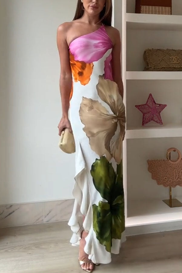 Women's One Shoulder Floral Asymmetric Maxi Dress