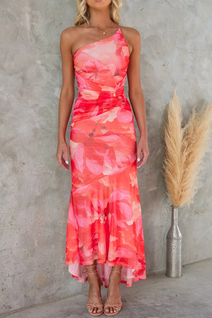 Women's One-Shoulder Pleated Asymmetric Maxi Dress