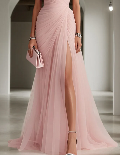 Women's One Shoulder Pleated Chiffon Maxi Dress