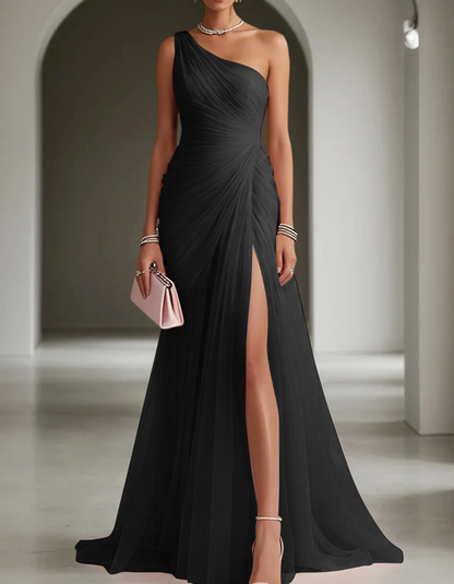 Women's One Shoulder Pleated Chiffon Maxi Dress