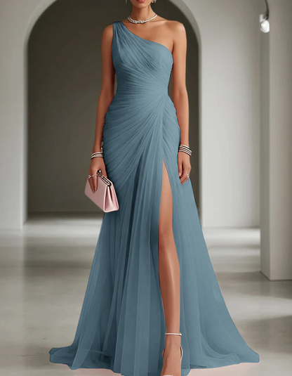 Women's One Shoulder Pleated Chiffon Maxi Dress