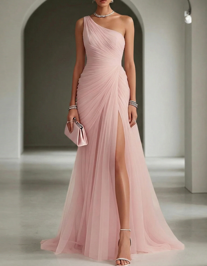 Women's One Shoulder Pleated Chiffon Maxi Dress
