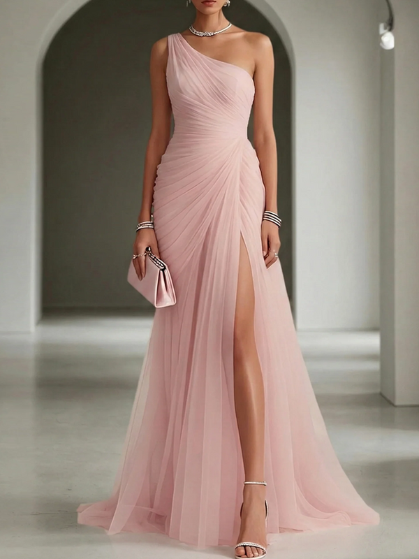Women's One Shoulder Pleated Chiffon Maxi Dress