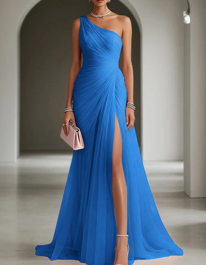 Women's One Shoulder Pleated Chiffon Maxi Dress