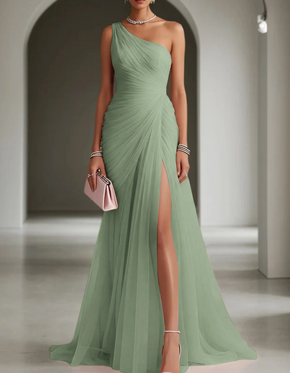 Women's One Shoulder Pleated Chiffon Maxi Dress