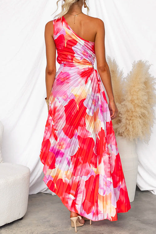 Women's One-Shoulder Pleated Print Maxi Dress