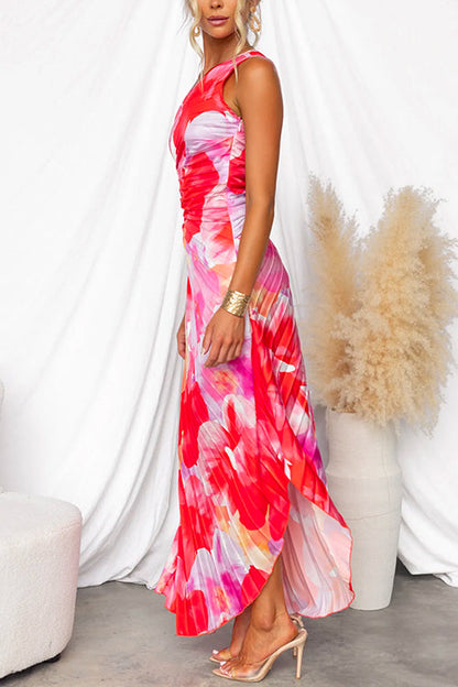 Women's One-Shoulder Pleated Print Maxi Dress