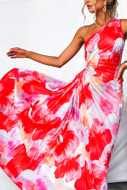 Women's One-Shoulder Pleated Print Maxi Dress