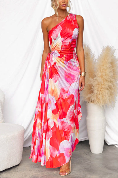 Women's One-Shoulder Pleated Print Maxi Dress