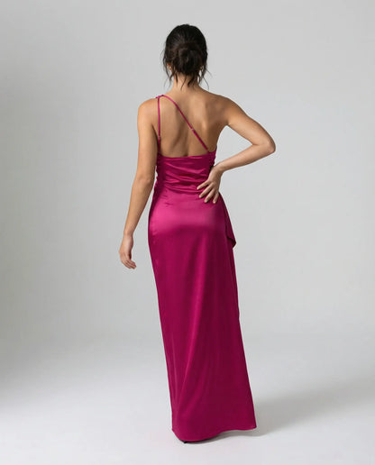 Red one-shoulder satin maxi dress for women by Ilynora, back view with sleek satin finish and modern fit