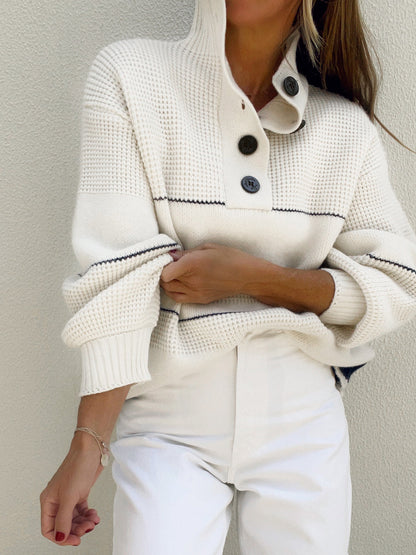 Women's Open Collar Striped Button Knit Sweater