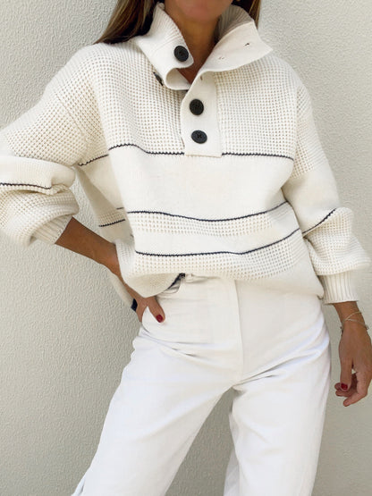 Women's Open Collar Striped Button Knit Sweater