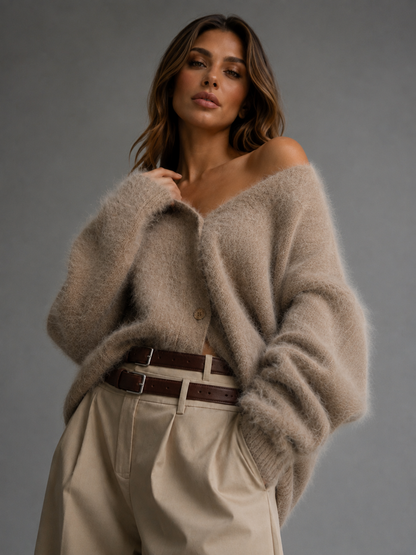 Women's Oversized Brushed V-Neck Knit Cardigan