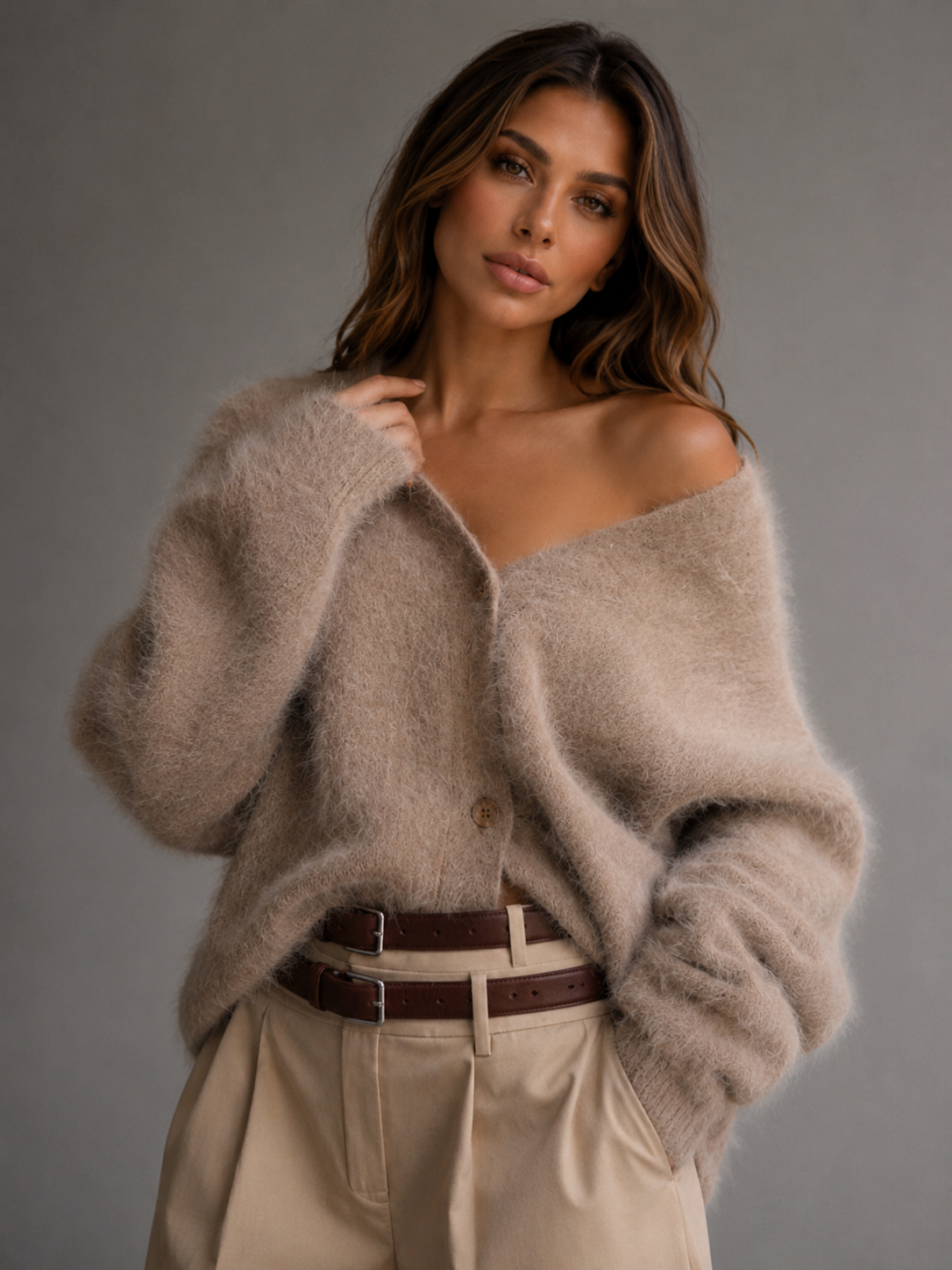 Women's Oversized Brushed V-Neck Knit Cardigan