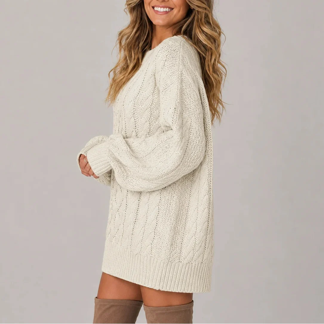 Women's Oversized Cable Knit Mini Jumper Dress with Long Sleeves