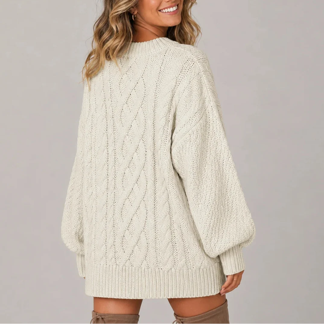 Women's Oversized Cable Knit Mini Jumper Dress with Long Sleeves
