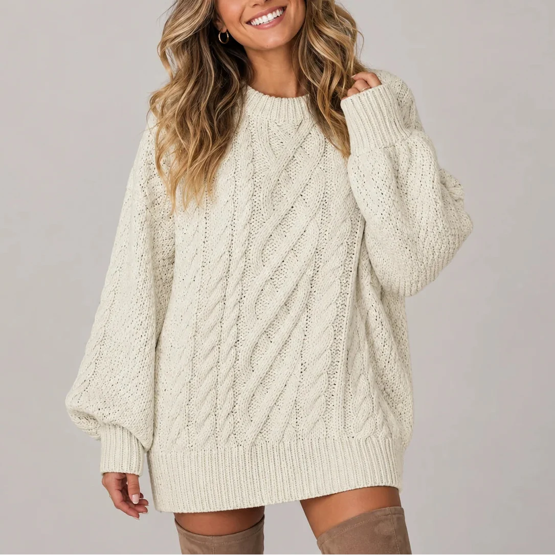 Women's Oversized Cable Knit Mini Jumper Dress with Long Sleeves
