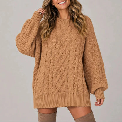 Women's Oversized Cable Knit Mini Jumper Dress with Long Sleeves
