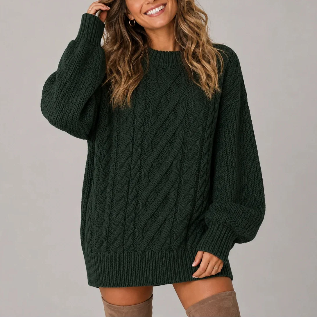 Women's Oversized Cable Knit Mini Jumper Dress with Long Sleeves