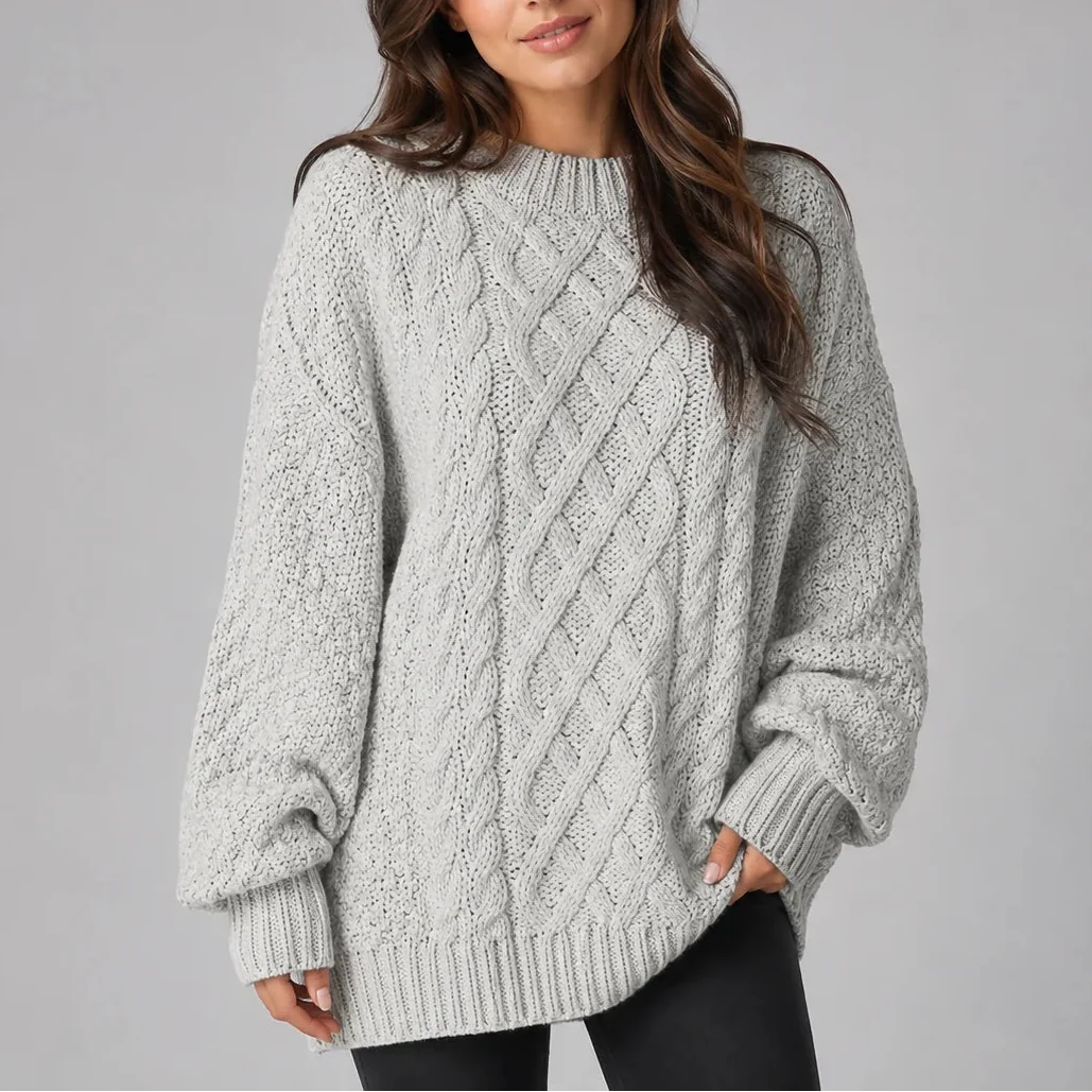 Women's Oversized Cable Knit Mini Jumper Dress with Long Sleeves