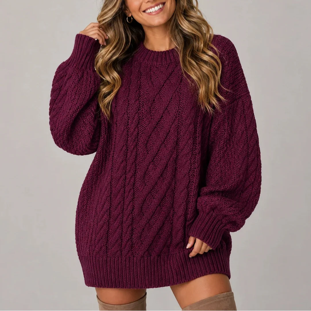Women's Oversized Cable Knit Mini Jumper Dress with Long Sleeves