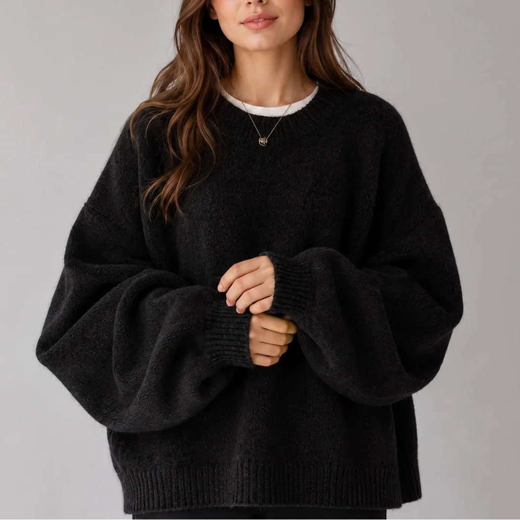 Women's Oversized Crew Neck Knit Jumper with Balloon Sleeves