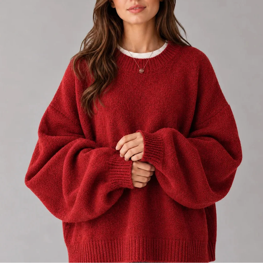 Women's Oversized Crew Neck Knit Jumper with Balloon Sleeves