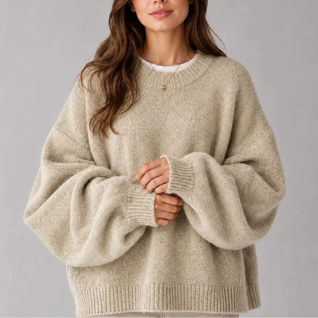 Women's Oversized Crew Neck Knit Jumper with Balloon Sleeves