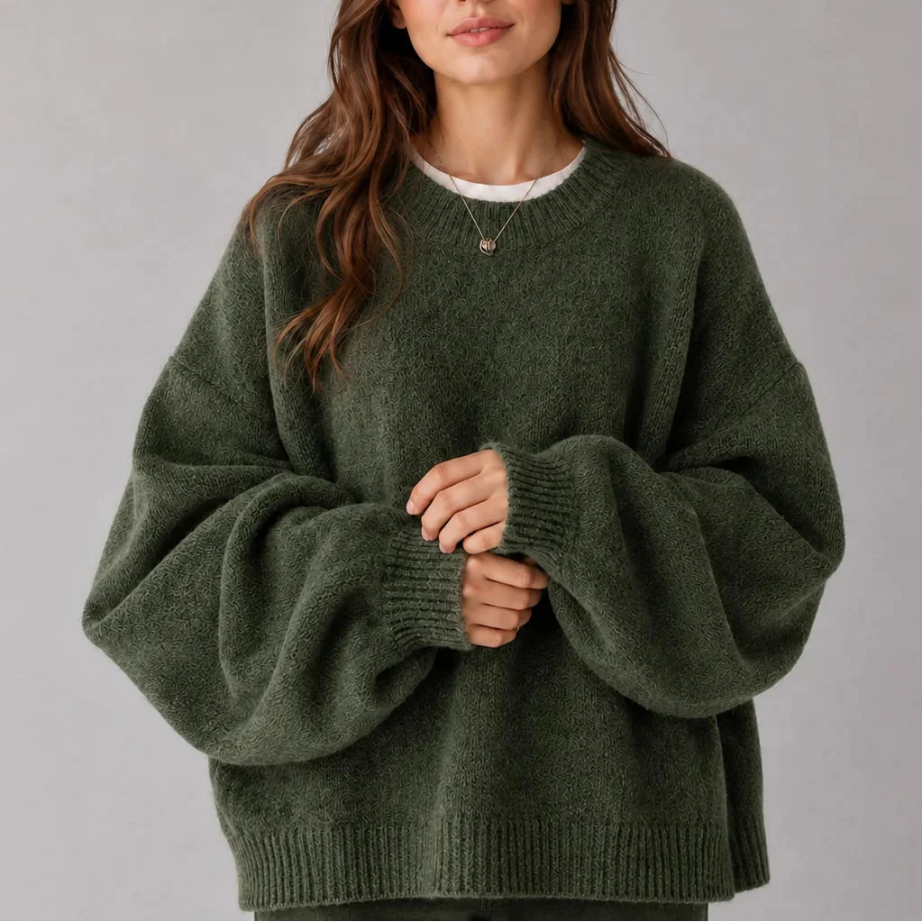 Women's Oversized Crew Neck Knit Jumper with Balloon Sleeves
