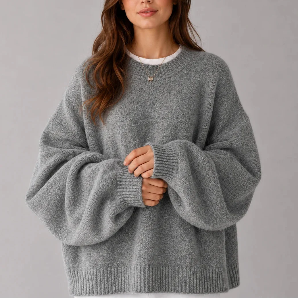 Women's Oversized Crew Neck Knit Jumper with Balloon Sleeves