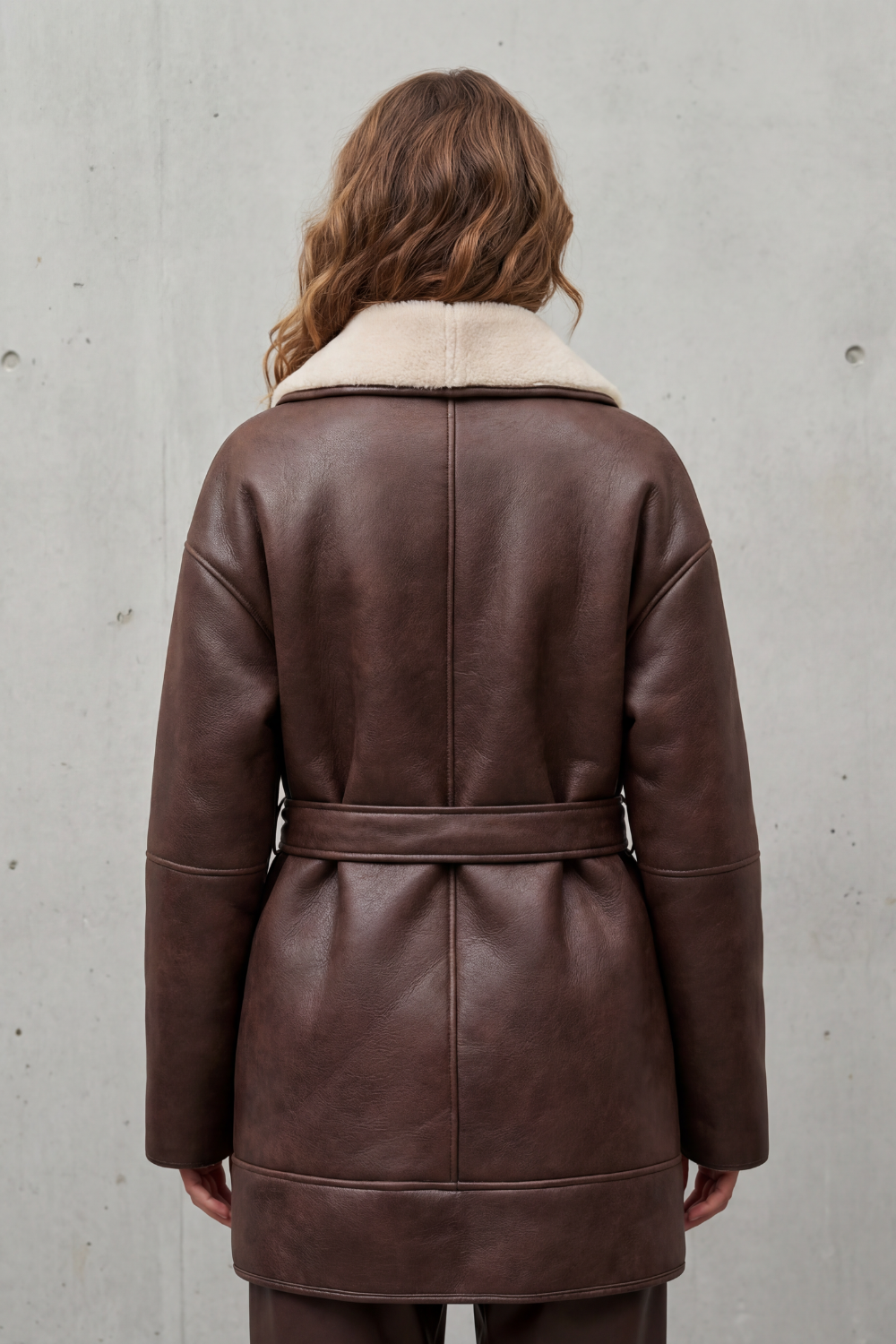 Women's Oversized Faux Leather Coat with Sherpa Lining and Belt