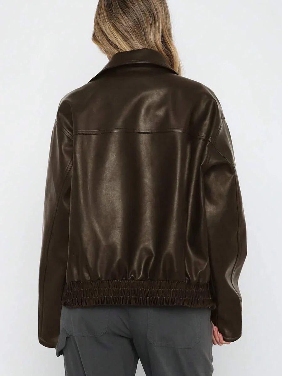 Women's Oversized Faux Leather Jacket with Gathered Hem and Wide Collar