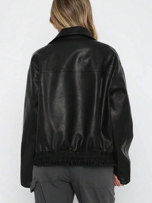Women's Oversized Faux Leather Jacket with Gathered Hem and Wide Collar