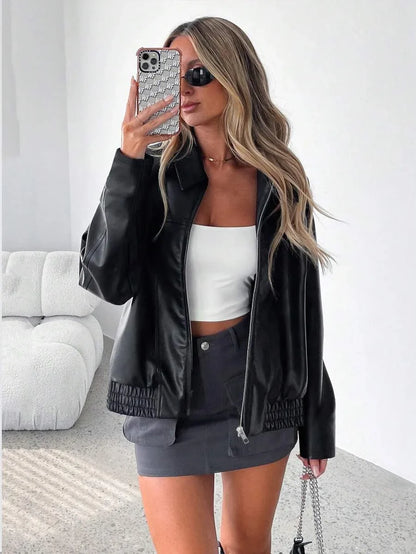 Women's Oversized Faux Leather Jacket with Gathered Hem and Wide Collar