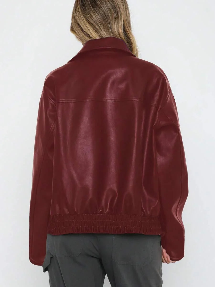 Women's Oversized Faux Leather Jacket with Gathered Hem and Wide Collar
