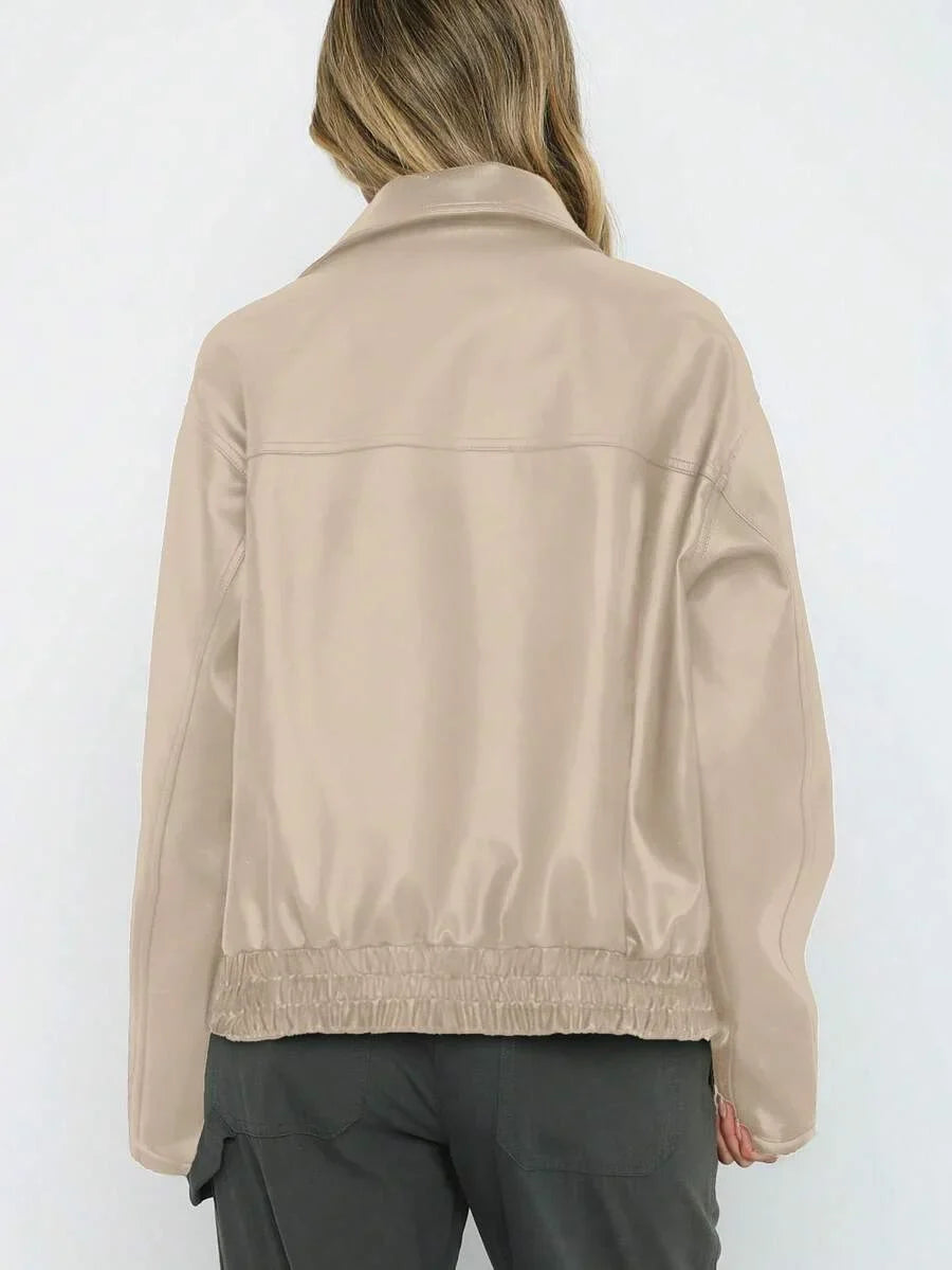 Women's Oversized Faux Leather Jacket with Gathered Hem and Wide Collar