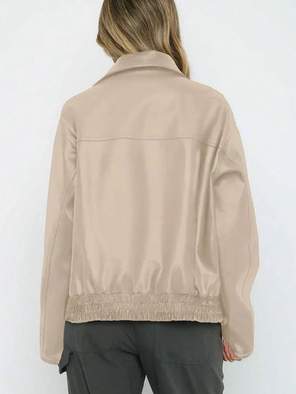 Women's Oversized Faux Leather Jacket with Gathered Hem and Wide Collar