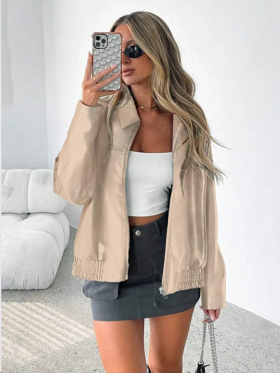 Women's Oversized Faux Leather Jacket with Gathered Hem and Wide Collar