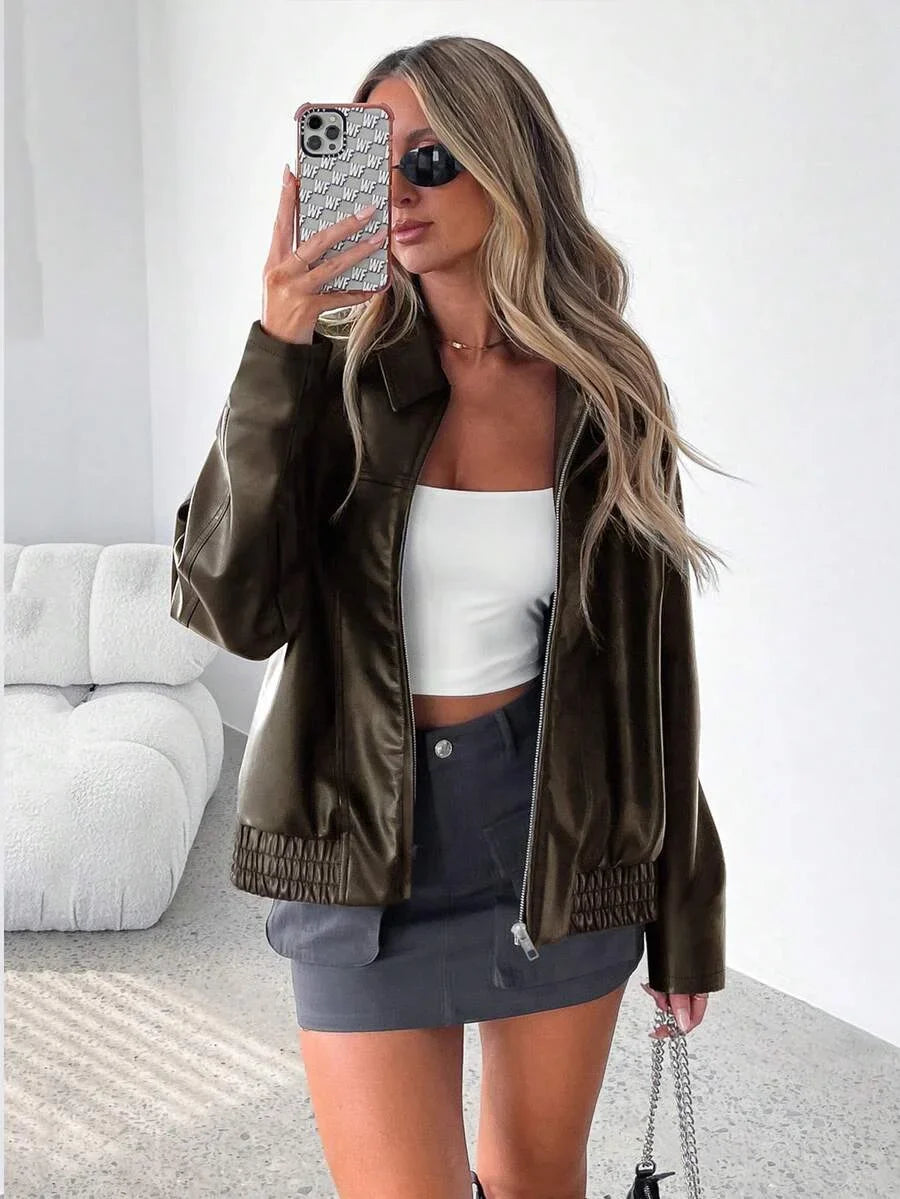 Women's Oversized Faux Leather Jacket with Gathered Hem and Wide Collar
