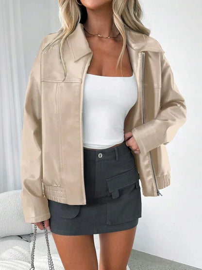 Women's Oversized Faux Leather Jacket with Gathered Hem and Wide Collar