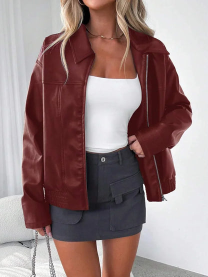 Women's Oversized Faux Leather Jacket with Gathered Hem and Wide Collar