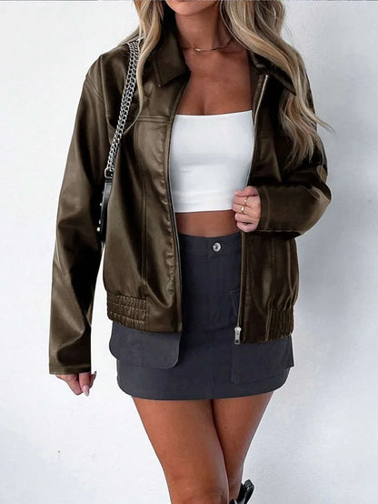 Women's Oversized Faux Leather Jacket with Gathered Hem and Wide Collar
