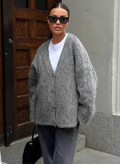 Women's Oversized Fuzzy V Neck Cardigan