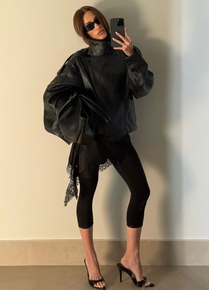 Women's Oversized High Collar Moto Jacket